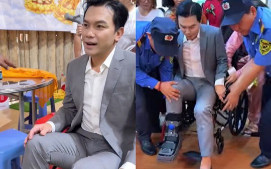 Mạnh Quỳnh ngồi xe lăn, chống nạng chạy show