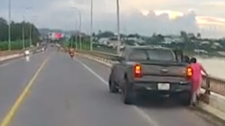 Lập biên bản nữ tài xế dừng xe bán tải trên cầu gây cản trở giao thông