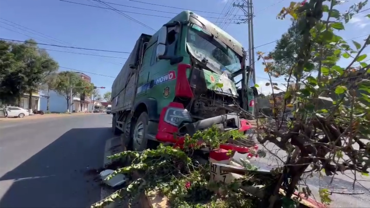 Ô tô tải tông 2 xe dừng đèn đỏ, làm chết 3 con bò, gãy một trụ đèn mới dừng lại