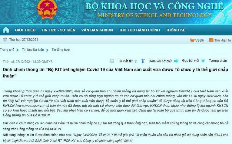 Bộ Khoa học và công nghệ: Thông tin sai 'WHO chấp thuận kit xét nghiệm của Việt Á' là do... báo chí