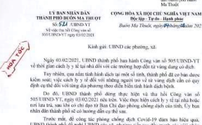 TP Buôn Ma Thuột thu hồi công văn cách ly 'gây hiểu nhầm'